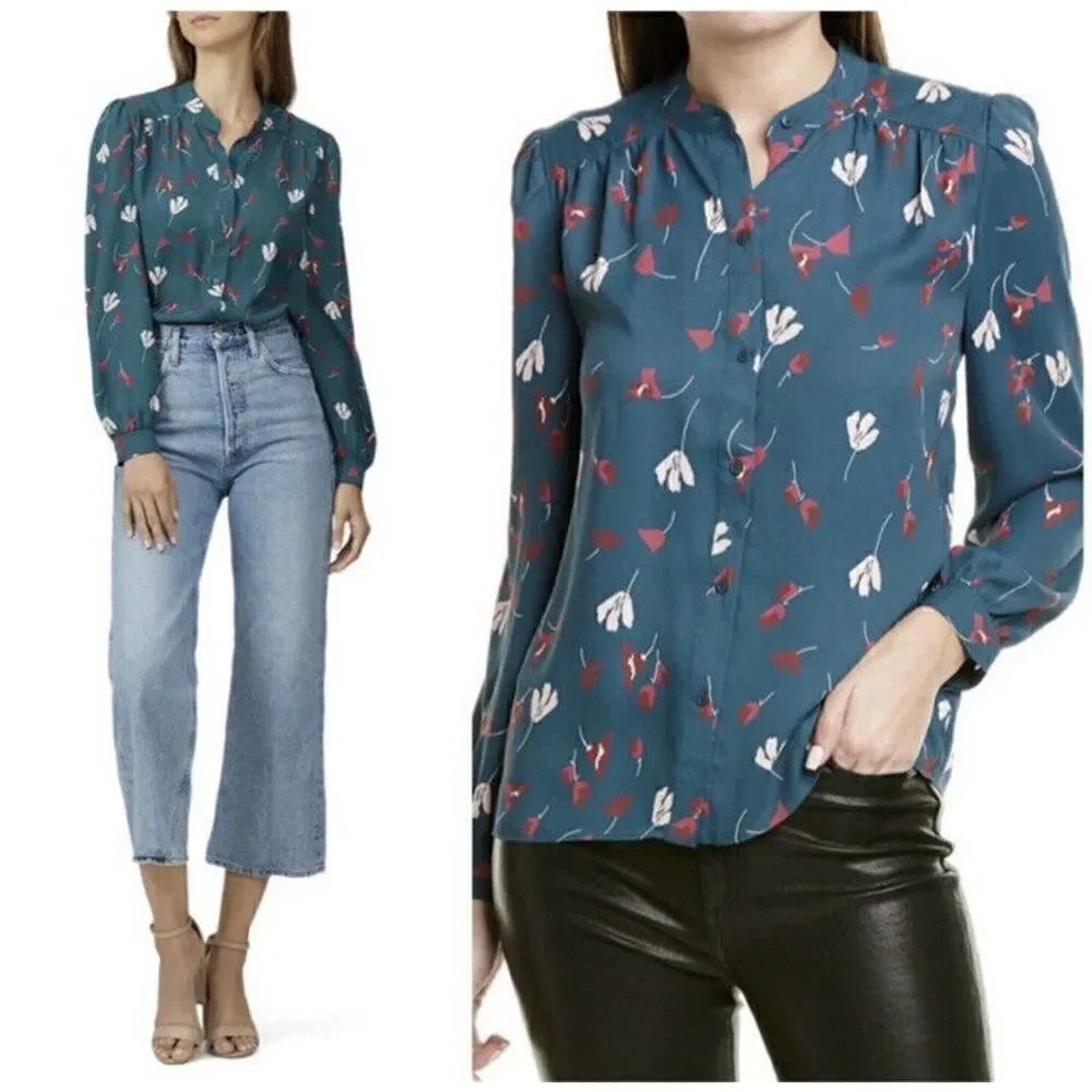 JOIE Women’s Myella Floral Print Blouse Size XXS Teal Long Sleeve Button Top - Picture 7 of 12
